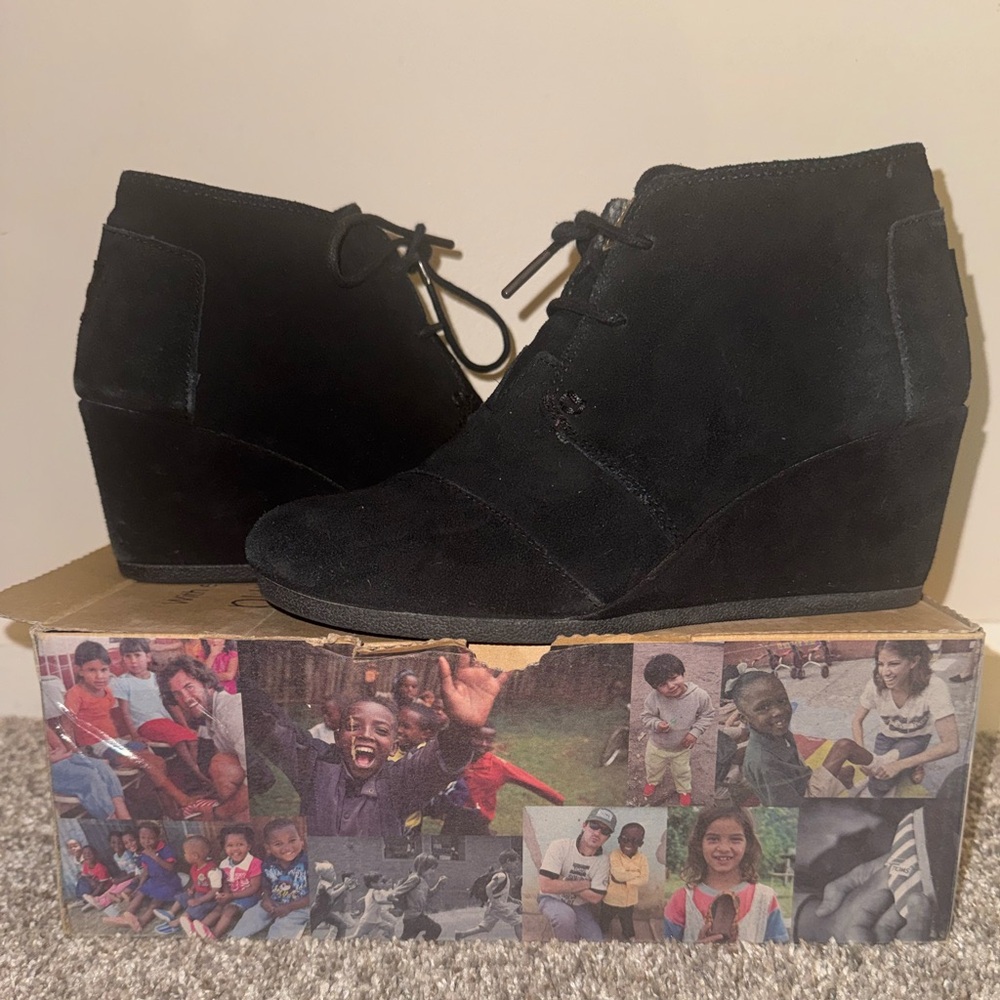 TOMS Black Suede Desert Wedge Boots